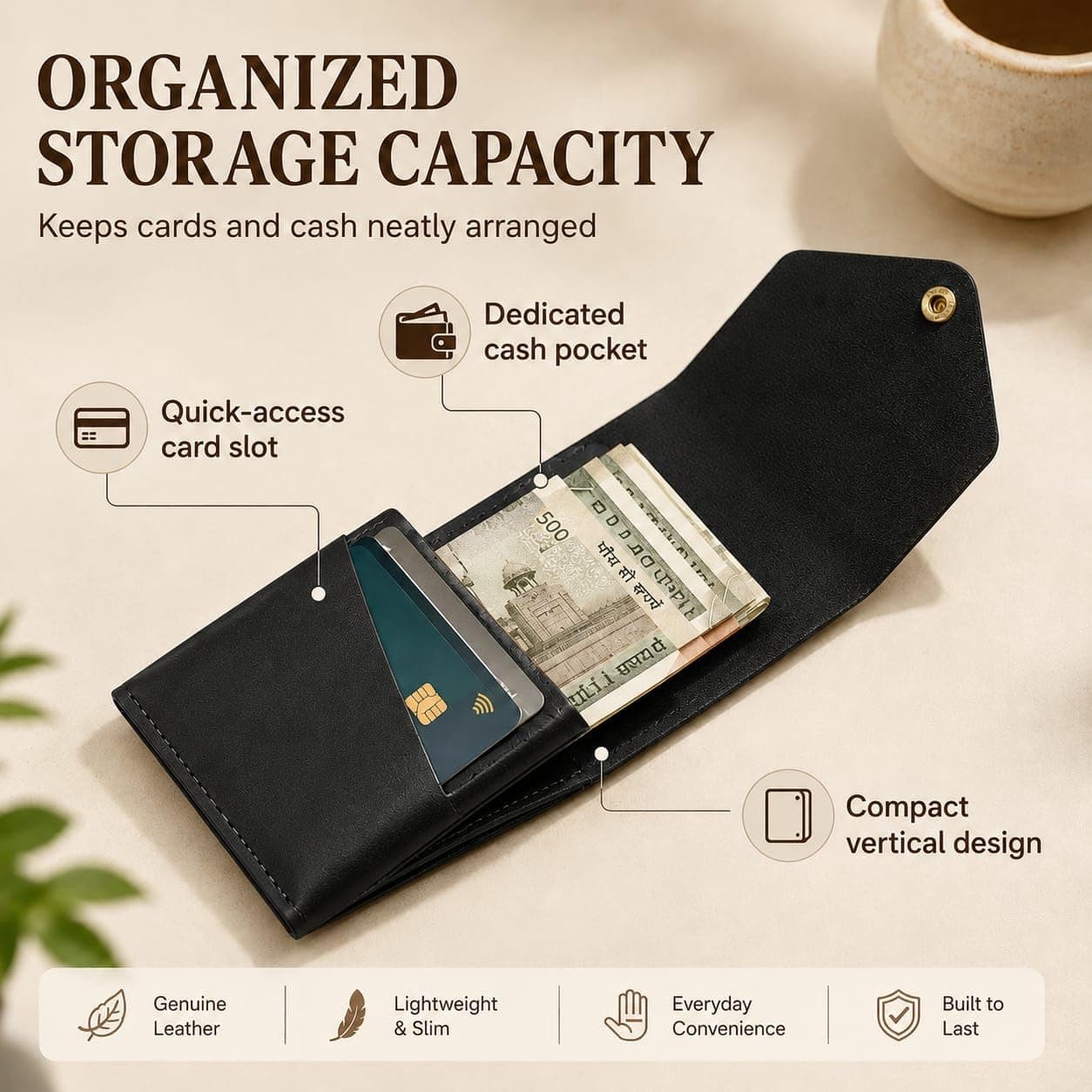 Leatherful Flip - Top Grain Leather Vertical Slim Wallet for Men | Easy Quick Card Access | Compact Front Cash Pocket & Button Lock | Minimalist Travel & Daily Carry Wallet (Black)